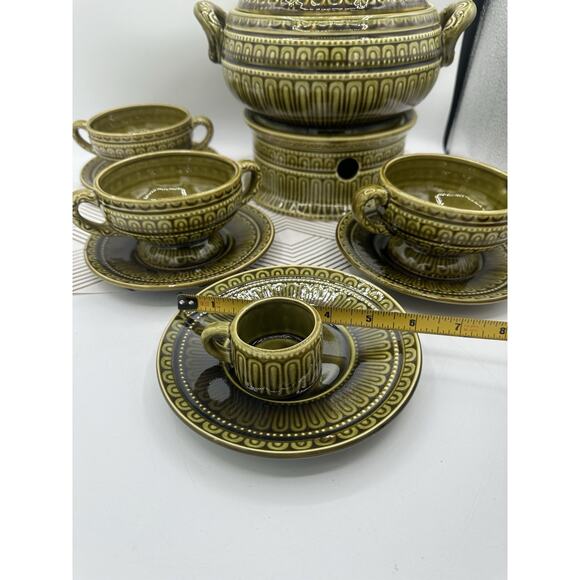Vintage Ornate Green Ceramic Tureen Soup Set Pot Retro 12 Pieces - Picture 3 of 11